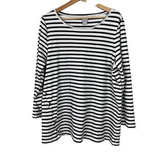 Chico's Size 3 (XL) Pima Cotton Side-Button Tunic Navy White Stripes Long Sleeve